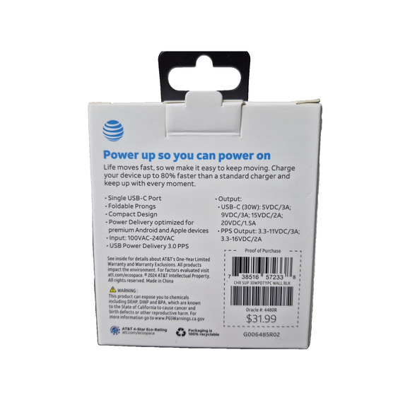 AT&T Wall Charger 30W Fast Charge Single USB-C Cell Phone Charger Foldable Prong - Picture 2 of 4